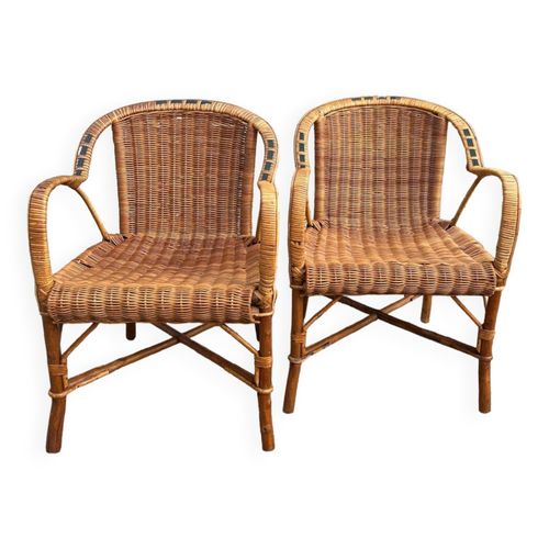 Paire De Fauteuils Rotin Vintage 1960 Bois