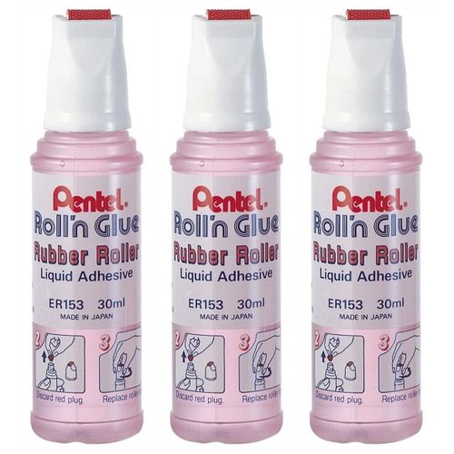 Pentel Lot De 3 Flacons 30ml Colle Liquide Roll'n Glue Rose