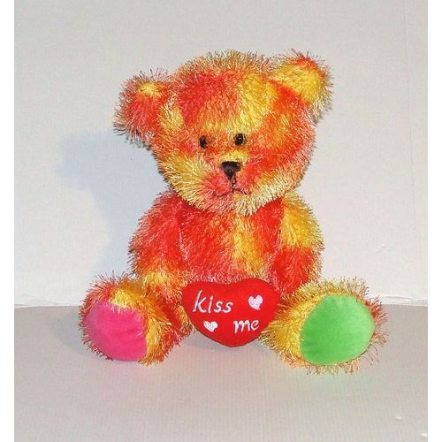 Peluche Ours Coeur Kiss Me Techno Diffusion - Doudou Ourson Assis Pelage Orange Jaune