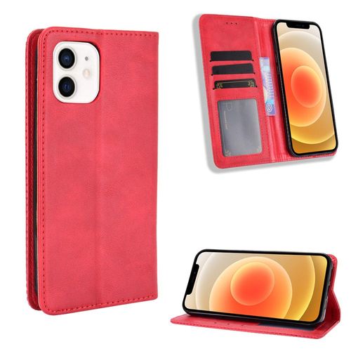 Coque Iphone 12 Mini,Etui Pour Iphone 12 Mini,Coque En Cuir Vintage Pour Iphone 12 Mini,Étui À Rabat Pour Iphone 12 Mini,Rouge