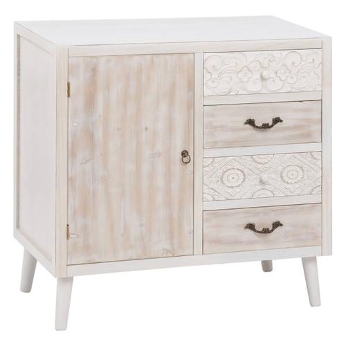 Lilou - Meuble 1 Porte 4 Tiroirs Bois Massif Blanc Et Naturel