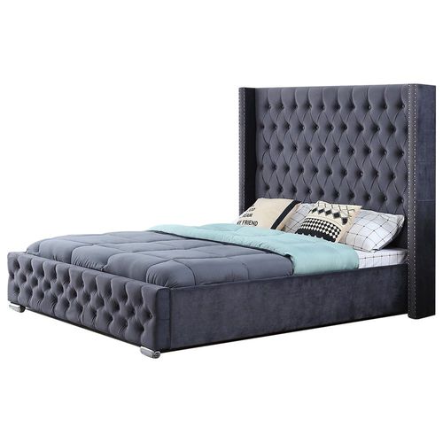 Lit Design Grande Tête De Lit Lia - Velours Gris - 140x190