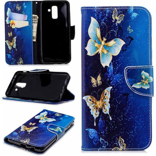 Étui À Rabat Pour [Samsung Galaxy A6 Plus] Portefeuille En Cuir Coque Flip Folio Housse Protection Motif Papillons Bleus Bookstyle Flip Cover Magnétique Avec Stand Et Rangements Cartes Livre Style