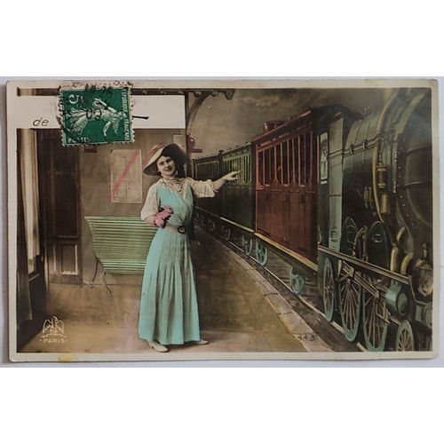 Carte Postale Ancienne, France, Voeux, Jeune Femme Sur Le Quai De La Gare, Train