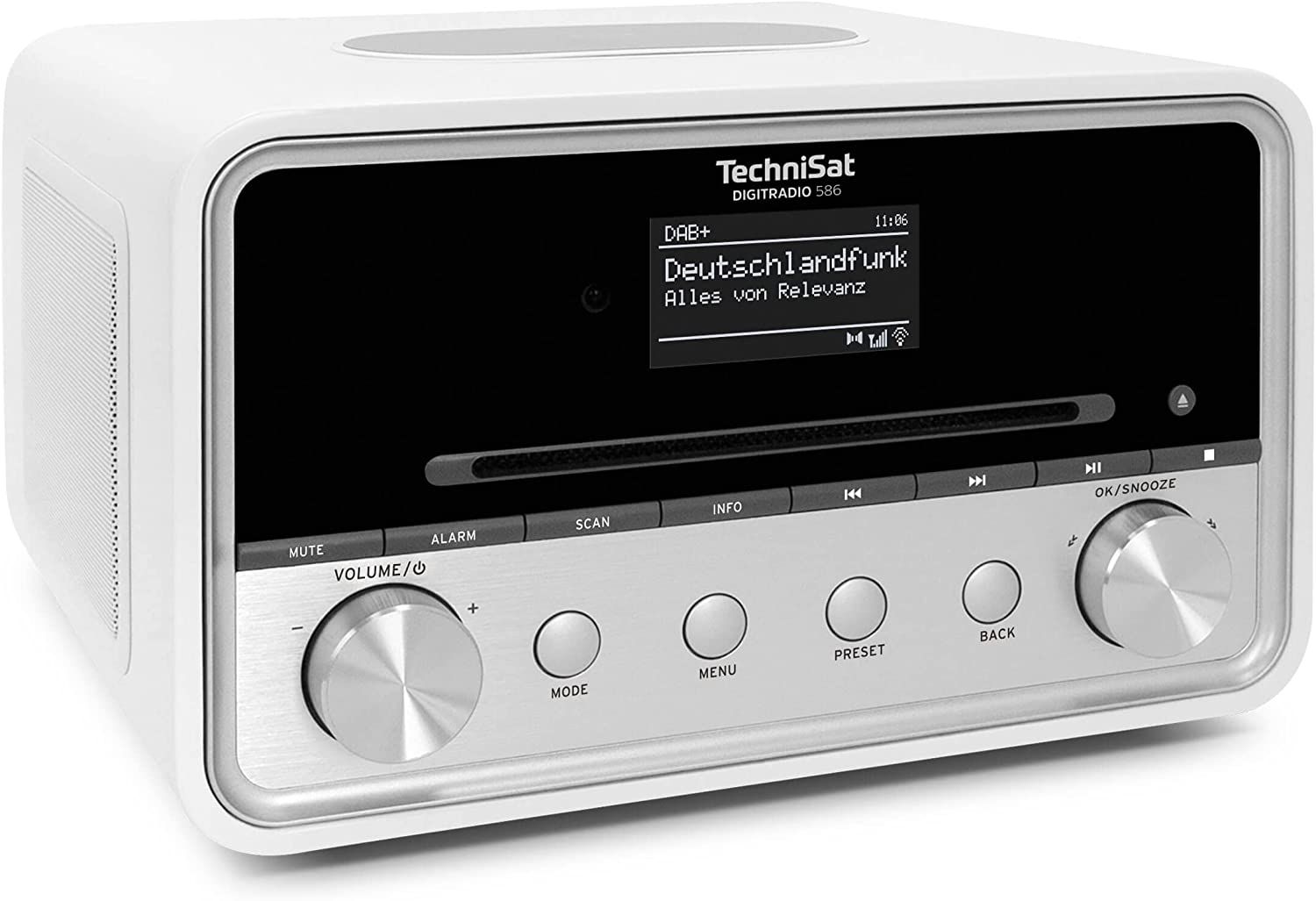 TechniSat DIGITRADIO 586 - Radio Hybride Dab+ (Radio Internet, FM, Bluetooth, Spotify, Charge sans Fil, Application de contrôle OLED, USB, CD, MP3, AUX, 20 W, système Compact, télécommande) Blanc