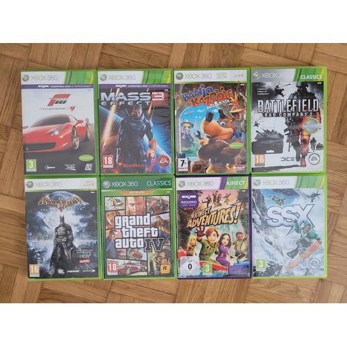 8 Jeux Xbox 360 (Forza 4 - Mass Effect 3 - Banjoo Kazooie Nuts & Bolts - Battlefield Bc 2 - Batman Arkham Asylum - Gta 4 - Kinect Adventures - Ssx)