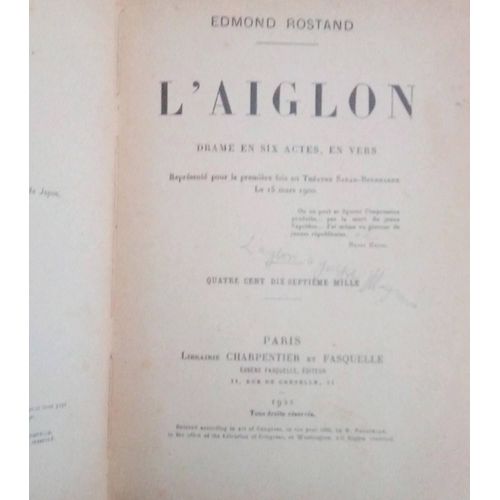 L'aiglon Edmond Rostand Librairie Charpentier 1922