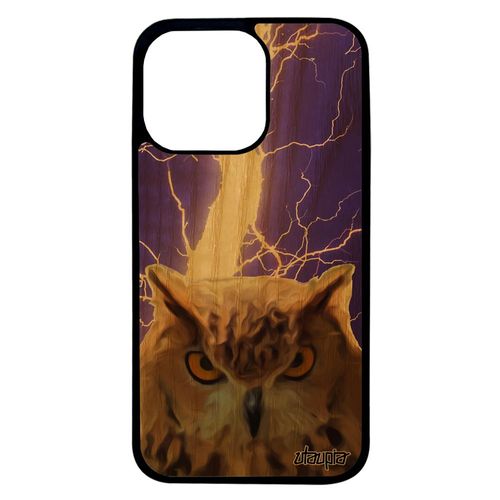 Coque En Bois Pour Iphone 13 Pro Et Silicone Hibou Design Peinture Animal Orage Violet Eclair Etui 4g Unique Chouette Housse