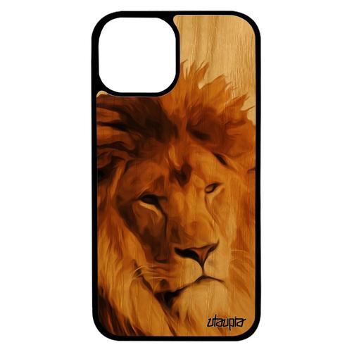 Coque Iphone 13 Mini Bois Silicone Lion Animaux Design Housse Smartphone Peinture Roi Beige Nature Animal Lionne Case Felin De
