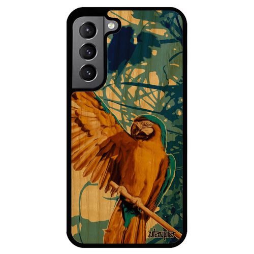 Coque En Bois Veritable Silicone De Protection Pour S22 Perroquet Animaux Nature Animal Souple Perruche Bleu Antichoc Samsung Galaxy