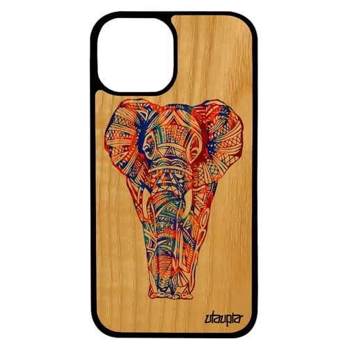 Coque Iphone 13 Pro Max En Bois Naturel Et Silicone Elephant Tribal Telephone De Protection Animaux Tattoo Bleu Pastel Solide