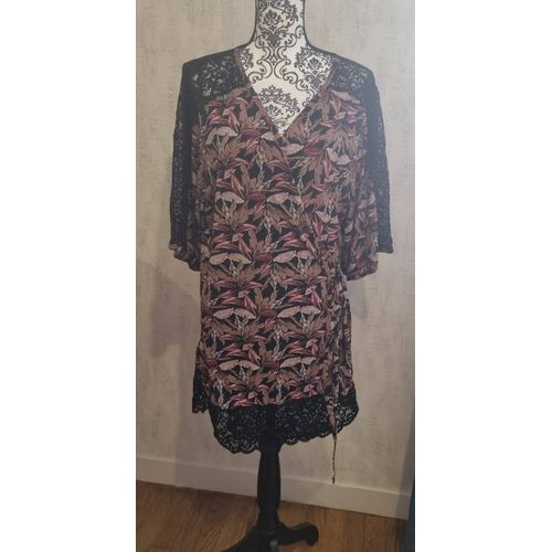 Peignoir Kimono Marron Motif Automnale Et Dentelle Noir Taille 38/40