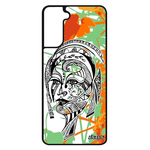 Coque S21 Fe Silicone Femme Fille Ethnique Azteque Feuilles Caoutchouc Portrait Dessin Fleur Antichoc Coloré Alu Samsung Galaxy