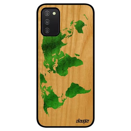 Coque Silicone Carte Monde Telephone Samsung A03s Bois Naturel Veritable Caoutchouc Vert Terre Atlas Globe Planete Smartphone Galaxy