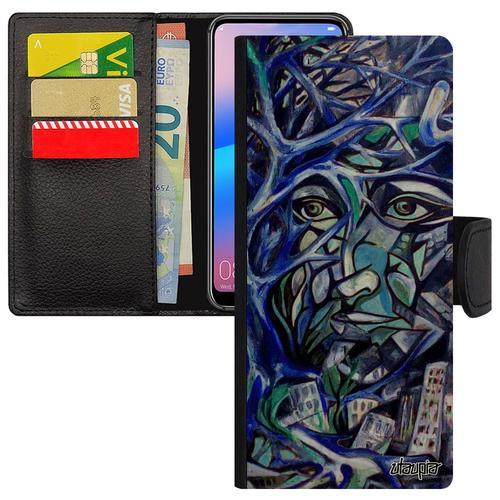 Coque Samsung S22 Ultra Cuir Portefeuille Portrait Street Art Fantaisie Arbre Rigide Femme Original Etui Telephone Immeubles Galaxy