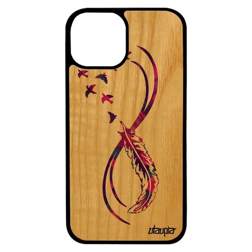 Coque En Bois Silicone Antichoc Pour Iphone 13 Mini Infini Plume Design Smartphone Zen Femme Coloré Portable Amour Telephone