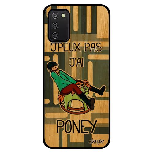 Coque Samsung Galaxy A03s En Bois Et Silicone Je Peux Pas J'ai Poney Comique Gris Aqua Bande Dessinée Equitation Humoristique Design