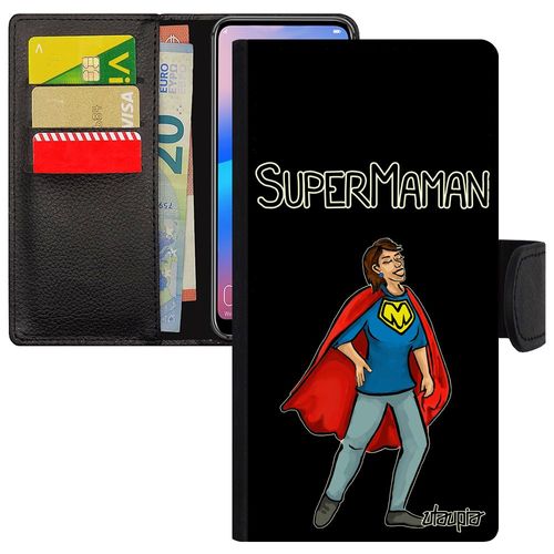 Coque Iphone 13 Pro Portefeuille Super Maman Texte Mere Comics Humour Smartphone Bd Design Flip Case Enfant Etui Noir Drole De