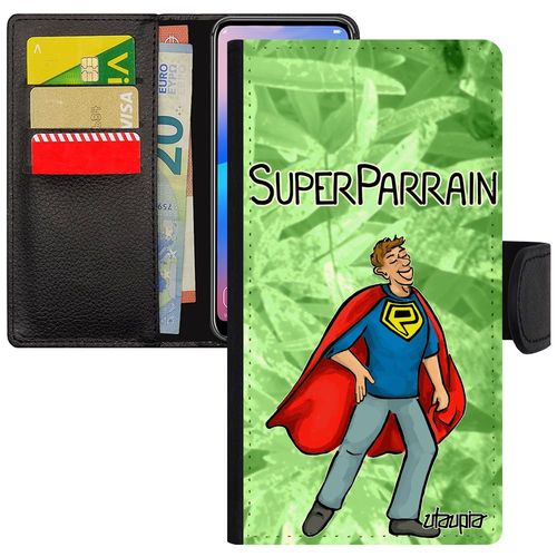 Coque Super Parrain Iphone 13 Mini Cuir Portefeuille Drole Telephone Bd Pu Vert Comics Humour Naissance Fille Comique Etui De