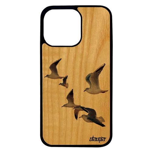 Coque Iphone 13 Pro En Bois Silicone Oiseaux Mouettes Rigide Originale Marron Housse Telephone Mer Marin Motif Animaux Nature