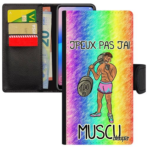 Coque J'peux Pas J'ai Muscu Pour Iphone 13 Portefeuille Porte Cartes 4g Original Vert Sport Bd Caoutchouc Humour Comique Etui