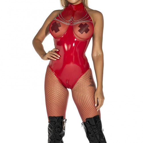 String En Cuir Brillant Pour Femmes, Sexy, Une Pièce, Sans Manches, Dos Nu, Résille, Buste, Fermeture Éclair, Entrejambe, Combinaisons Érotiques