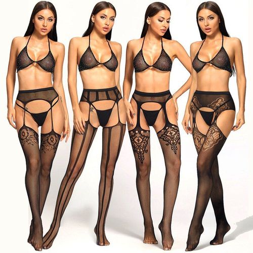 Lingerie Érotique Sexy Pour Femmes, 3 Pièces, Soutien-Gorge En Résille Diamant Brillant + Strings G String + Bas À Entrejambe Ouvert, Culotte Haute En Maille Serrée