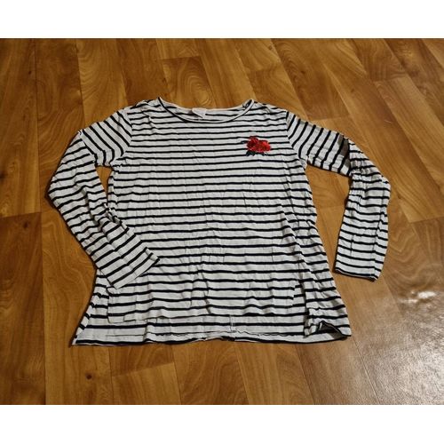 Pull Fille Zara Girls Blanc À Rayure Avec Fleur Rouge Brodé Taille 11/12 Ans