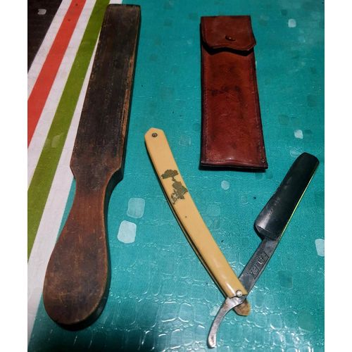 Ensemble Rasoir Manuel  Famex , Son Etui Assorti Cuir Et Son Support Bois Massif 