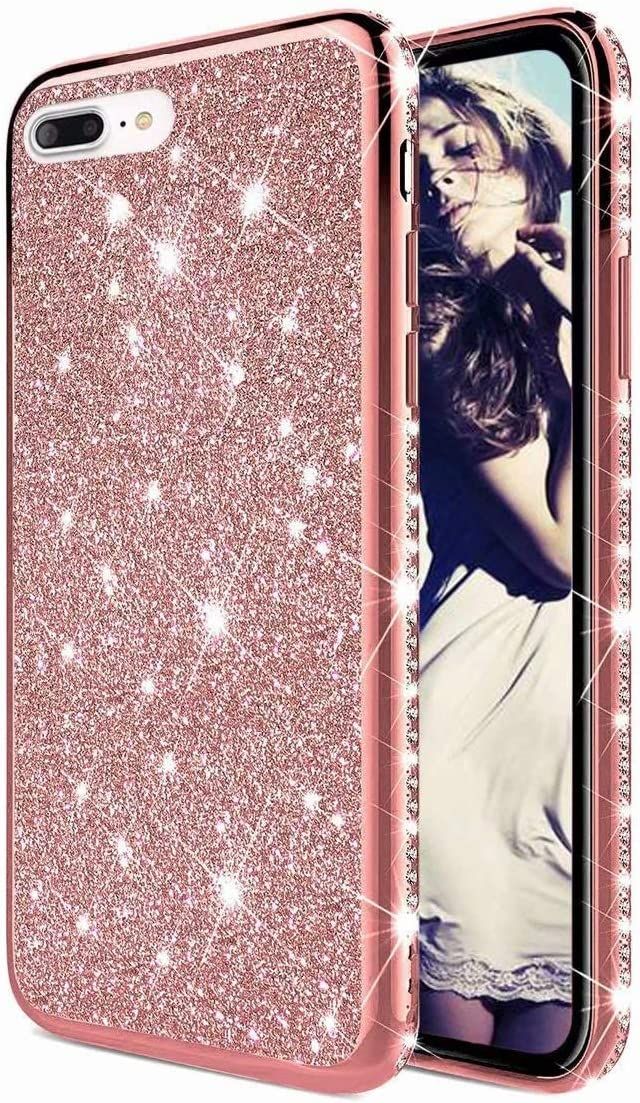 Tywz Scintillement Coque Pour Iphone 8 Plus/7 Plus,Ultra Mince Slim Brillant Diamant Glitter Strass Silicone Etui Housse De Protection Pour Fille Femme-Or Rose