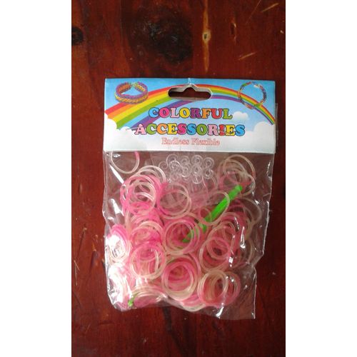 Élastiques Rainbow Loom Bicolore Rose/Blanc Transparent Avec Crochet Et Attaches