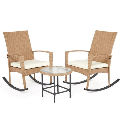 Ensemble De Meuble Fauteuil À Bascule, Chaise Berçante De Relaxation Rocking Chair En Résine Tressée Avec Coussin Et Table Pour Salon, Terrasse, Beige