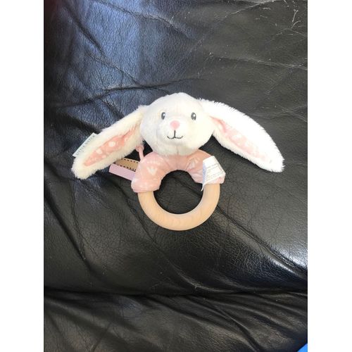 Doudou Hochet Lapin Little Dutch Rose Et Blanc Anneau En Bois