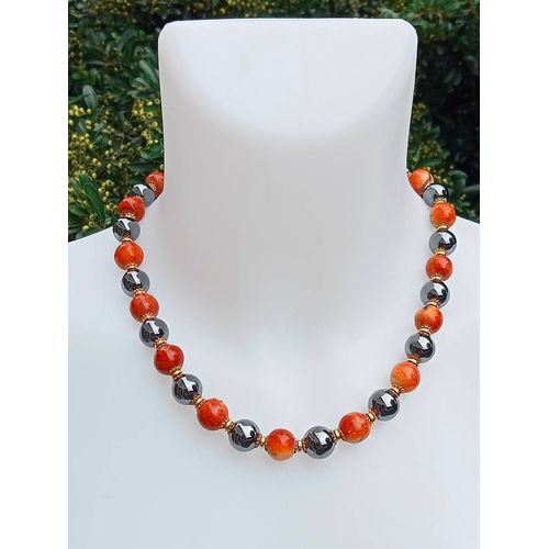 Collier Grosses Perles Hématite Et Bois Fossile