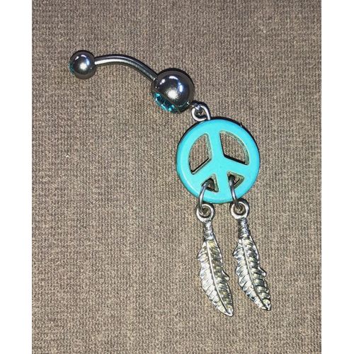 Piercing De Nombril - Strass Outremers, Plumes Argents Et Symbole De La Paix / Peace And Love