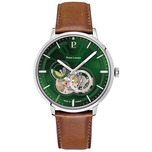 Montre Homme Trio Argenté Cadran Vert Bracelet Cuir Brun 20 Mm