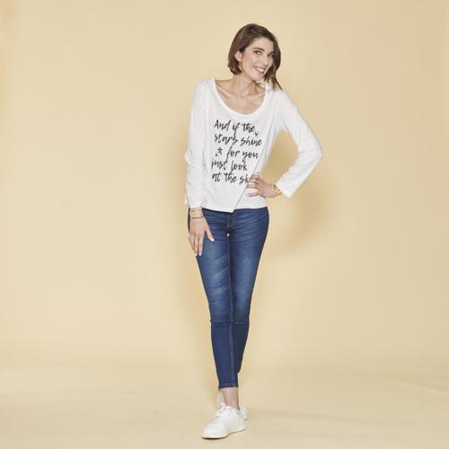 Tee-shirt manches longues message imprimé femme - écru blanc en