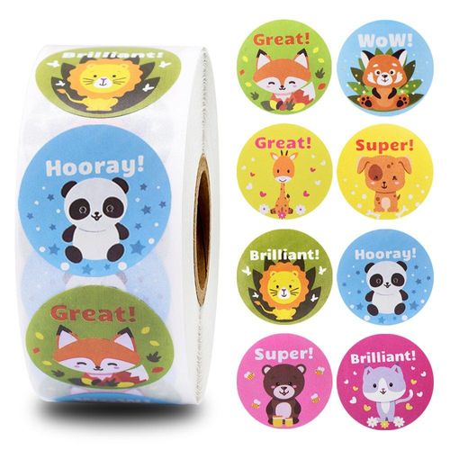 Rouleau De 500 Autocollants De Récompenses Pour Enfants, 8 Animaux Différents, Style Dessin Animé, Kawaii, Mots D'encouragement, Pour Professeurs,