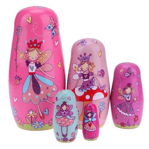 Poupées De Matrioshka Russe En Bois De Tilleul Pour Filles, Jouet Fantaisie En Bois D'ange Rose, Cadeau Artisanal En Bois, 5 Pièces/Ensemble