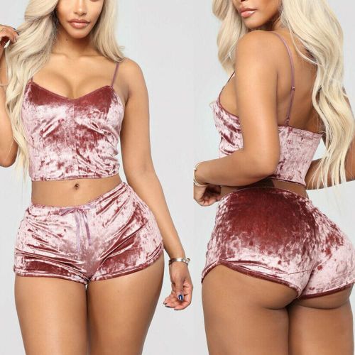 Ensemble De Vêtements De Nuit En Velours Pour Femmes, Haut Court Sans Manches, Camisole, Micro Short, Slim, Idéal Pour Montrer La Taille Fine Et Sexy