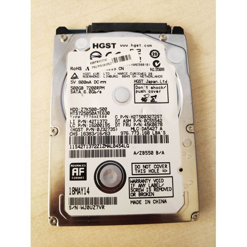 Disque dur 500 Go 2.5", 7200 tr/mn, SATA III, 32 Mo de cache HTS725050A7E630