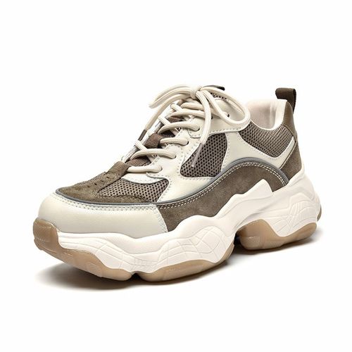 Baskets En Cuir Et Maille Pour Femmes,Chaussures À Plateforme,Couleurs Mélangées,À Lacets,Tendance,Semelle Épaisse,Faites À La Main,29401
