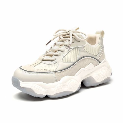 Baskets En Cuir Et Maille Pour Femmes,Chaussures À Plateforme,Couleurs Mélangées,À Lacets,Tendance,Semelle Épaisse,Faites À La Main,29401