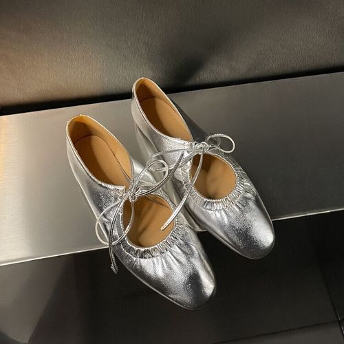 Chaussures Chaussures De Ballet En Cuir Pour Femmesplates Avec Bandetroiteargentéesdoréesscintillantesà Bout Rondprintemps