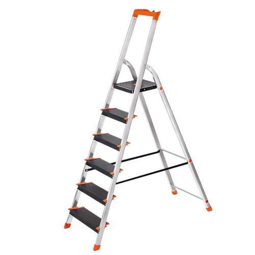 Échelle 6 marches en aluminium escabeau largeur de la marche 12 cm pliable plateau à outil pieds antidérapants capacité de charge 150 kg noir Helloshop26 12_0001922