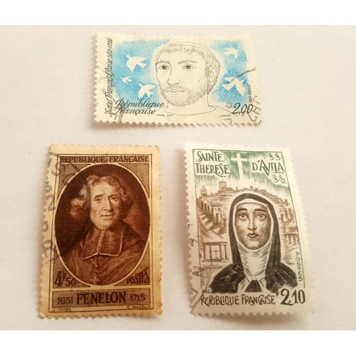 Lot 3 Timbres Oblitérés - Yt 785, 2198, 2249 - De 1947 À 1982 - Religieux Et Religieuse: Sainte Thérèse D'avila, Saint François D'assise, Fenelon