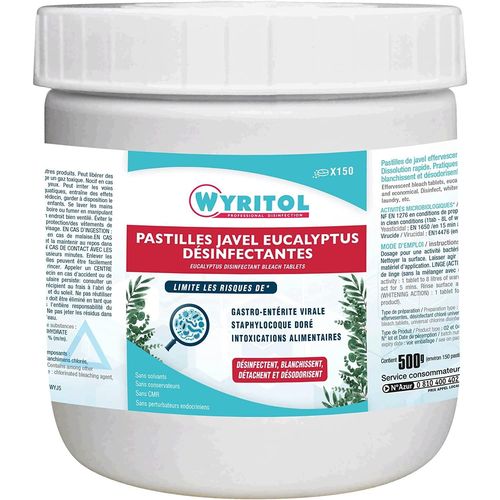 WYRITOL Boîte de 150 Pastilles de Javel effervescentes parfum eucalyptus