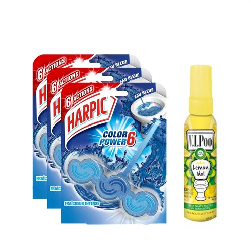 HARPIC Bloc Cuvette Active Fresh Eau Bleue x3 + Desodorisant WC Spray V.I.Poo Anti Odeur Parfum Lemon Idol 55 ml