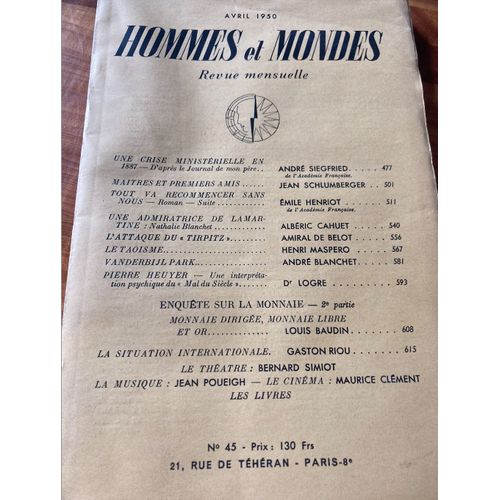 Revue Mensuelle "Hommes Et Mondes", Avril 1950