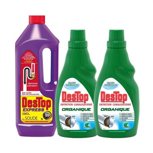 DESTOP Pack Gel D¿boucheur Canalisation Express 950ml + Gel Entretien Canalisations Organique 2x750 ml
